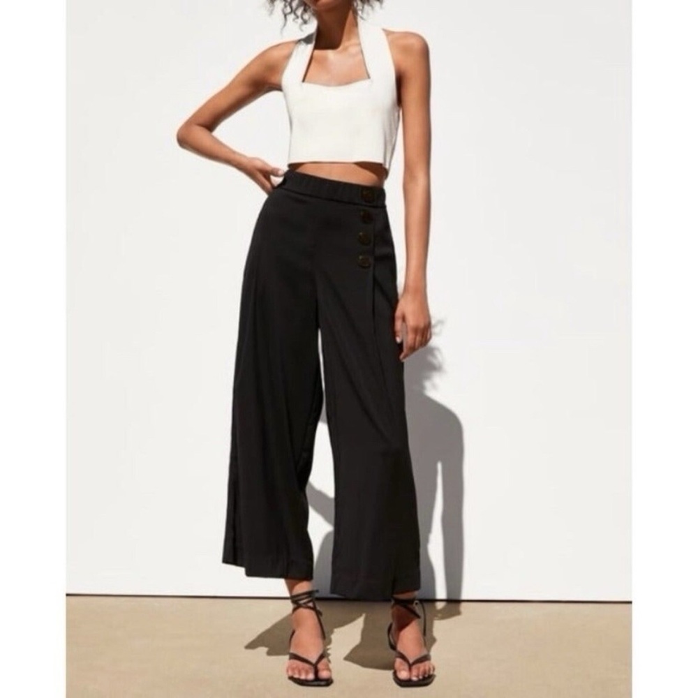 Zara Black Wide-Leg Flow Pants with Button Accent & Pockets